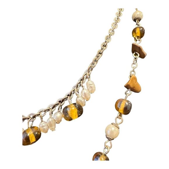 AVON Earthtone Pearlesque Multi-Strand Necklace Silvertone Stone Glass Brown 15" - Picture 5 of 16